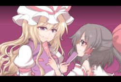 2girls bare_shoulders black_hair blonde_hair bow commentary_request detached_sleeves folding_fan hair_bow hair_tubes hakurei_reimu hand_fan hat hat_ribbon holding holding_fan holding_paper juliet_sleeves letterboxed long_hair long_sleeves looking_at_another mob_cap multiple_girls ofuda paper puffy_sleeves purple_eyes red_bow red_eyes red_ribbon ribbon shiohachi smile touhou upper_body white_hat yakumo_yukari