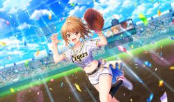 1girl :d baseball_glove baseball_stadium baseball_uniform belt black_belt black_socks blurry bracelet brown_eyes brown_hair cinderella_series claw_pose cloud confetti crowd depth_of_field dutch_angle flag game_cg hachigatsu_no_cinderella_nine hair_ornament hair_scrunchie hairclip hanshin_koshien_stadium hanshin_tigers high_ponytail highres jewelry leg_up light_rays looking_at_viewer navel nippon_professional_baseball nitta_minako non-web_source official_alternate_hairstyle official_art open_mouth outdoors ponytail scoreboard screen_zoom scrunchie shirt short_sleeves shorts sky smile socks sportswear standing standing_on_one_leg striped_clothes striped_shirt sunbeam sunlight tied_shirt vertical-striped_clothes vertical-striped_shirt white_shorts white_sneakers wrist_scrunchie yellow_scrunchie
