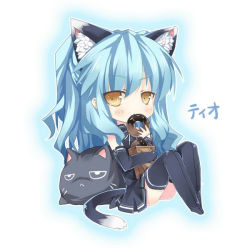 1girl animal_ears black_dress black_thighhighs blue_background blue_hair cat cat_ears cat_tail character_name chocolate_donut donut dress eating eiyuu_densetsu falcom female_focus food full_body kemonomimi_mode long_hair saru sitting skirt solo tail thighhighs tio_plato yellow_eyes zero_no_kiseki