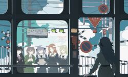 5girls absurdres bang_dream! bang_dream!_it&#039;s_mygo!!!!! black_hair black_jacket black_ribbon blazer blue_eyes blue_hair blue_shirt blue_skirt brh brown_eyes brown_hair chinese_commentary closed_eyes closed_mouth cloud collared_shirt commentary_request crychic_(bang_dream!) cumulonimbus_cloud diagonal-striped_clothes diagonal-striped_necktie falling_petals glass-breaking_hammer glitch green_hair green_jacket green_skirt grey_hair grey_neckerchief grey_skirt hair_ribbon haneoka_school_uniform highres jacket long_hair long_sleeves mole mole_under_eye multiple_girls nagasaki_soyo neck_ribbon neckerchief necktie open_mouth petals pleated_skirt power_lines purple_eyes purple_necktie railroad_crossing red_ribbon ribbon road_sign school_uniform shiina_taki shirt shirt_tucked_in short_hair sidelocks sign skirt stop_sign striped_clothes takamatsu_tomori togawa_sakiko train_interior tsukinomori_school_uniform two_side_up utility_pole wakaba_mutsumi white_shirt yellow_eyes