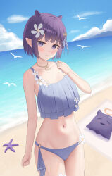 1girl absurdres beach bikini blue_sky closed_mouth cloud flower grey_bikini hair_flower hair_ornament highres hololive hololive_english holonatsu_paradise jewelry navel necklace ninomae_ina&#039;nis ocean official_alternate_costume official_alternate_hairstyle pointy_ears purple_eyes purple_hair short_hair simple_bird sky starfish swimsuit takodachi_(ninomae_ina&#039;nis) tentacle_hair veilion virtual_youtuber