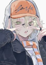Rule 34 | 1boy, baseball cap, black jacket, black nails, blonde hair, green eyes, hair between eyes, hair ornament, hairclip, hat, highres, hood, jacket, jewelry, long sleeves, looking at viewer, male focus, mole, mole under eye, mole under mouth, nail polish, open mouth, original, ring, scarf, shirt, short hair, simple background, solo, sparkle, tofu momen5, white background, white shirt