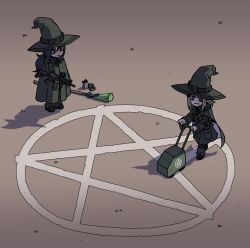 2girls assault_rifle book broom commentary english_commentary gun hat karepack magic_circle military_uniform multiple_girls original pentagram pointy_ears poncho rifle weapon witch_hat