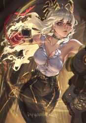 Rule 34 | 1girl, arm strap, artist name, bare shoulders, black choker, black gloves, black horns, black pants, blonde hair, breasts, button gap, choker, clenched hand, closed mouth, collarbone, commentary, cowboy shot, curled horns, earrings, english commentary, gloves, high-waist pants, highres, horns, jewelry, key earrings, large breasts, long hair, looking ahead, mole, mole under eye, necktie, necktie around wrists, pants, red eyes, red necktie, shield, shirt, shirt tucked in, solo, torn clothes, torn shirt, white shirt, wuthering waves, yaminokuni, zani (wuthering waves)