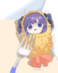 1girl ao2_77363 blue_archive blue_eyes blush chibi food fork fried_hoshino_(meme) hair_intakes highres looking_at_viewer meme no_halo purple_hair scared shrimp shrimp_costume shrimp_tempura solo sweatdrop tagme tempura tempura_costume twintails yuuka_(blue_archive)