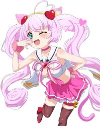 1girl ;d animal_ears bell blush breasts brown_thighhighs cat_ears choker cleavage collar fang green_eyes hairband heart heart_ornament heart_print highres long_hair nail_polish navel one_eye_closed open_mouth pink_choker pink_hair pink_nails pink_scrunchie pink_skirt red_shoes rosia_(show_by_rock!!) scrunchie shoes show_by_rock!! simple_background sincos skirt smile solo thigh_strap thighhighs twintails very_long_hair wavy_hair white_background white_collar wrist_scrunchie yellow_hairband