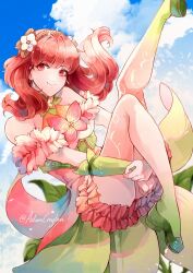 1girl celica_(fire_emblem) celica_(resplendent)_(fire_emblem) cloud cloudy_sky creyton dress earrings fairy fairy_wings fire_emblem fire_emblem_echoes:_shadows_of_valentia fire_emblem_heroes flower green_shoes hair_flower hair_ornament highres jewelry long_hair nintendo official_alternate_costume orange_eyes orange_hair pink_dress pink_thighhighs red_eyes red_hair shoes sky solo thighhighs tiara wings