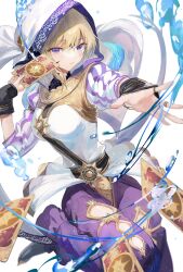 Rule 34 | 1girl, absurdres, au ra, black scales, blonde hair, blue eyes, card, closed mouth, clothing cutout, commentary request, dragon girl, dragon tail, final fantasy, final fantasy xiv, highres, holding, holding card, hood, hood up, leg up, looking at viewer, pants, purple pants, reaching, reaching towards viewer, shikina (mochigushi ), solo, tail, thigh cutout, warrior of light (ff14), water