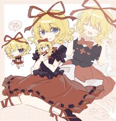 2girls black_shirt black_shoes blonde_hair blue_eyes bow closed_eyes closed_mouth flower frilled_shirt frilled_shirt_collar frilled_skirt frills highres lace_trim legs legs_together lily_of_the_valley medicine_melancholy medium_hair multiple_girls one_eye_closed open_mouth red_bow red_ribbon red_skirt ribbon shirt shoes short_hair skirt smile speech_bubble su-san thighs touhou wusem0108