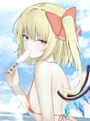 1girl absurdres alternate_costume arm_at_side back bare_shoulders bikini blonde_hair blue_sky blush bow breasts commentary_request crystal_wings day eyelashes eyes_visible_through_hair fingernails flandre_scarlet food food_in_mouth from_side hair_between_eyes hair_bow hand_up highres holding holding_food holding_popsicle lens_flare looking_at_viewer medium_hair melting_popsicle no_headwear one_side_up outdoors pinky_out popsicle popsicle_in_mouth red_bikini red_bow red_eyes sexually_suggestive sky slit_pupils small_breasts solo sunlight sweat swimsuit szl touhou tsurime upper_body variant_set wings