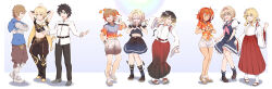 3boys 3girls @_@ absurdres aether_(genshin_impact) ahoge armor arms_behind_head black_hair black_pants blonde_hair blue_eyes blue_skirt blue_socks blue_sweater blush braid breasts brown_hair brown_pants brown_shoes closed_eyes crossed_arms djeeta_(granblue_fantasy) embarrassed fate/grand_order fate_(series) flower fujimaru_ritsuka_(female) fujimaru_ritsuka_(female)_(brilliant_summer) fujimaru_ritsuka_(male) genderswap genderswap_(mtf) genshin_impact gran_(granblue_fantasy) granblue_fantasy grin hair_flower hair_ornament hawaiian_shirt highres japanese_clothes long_skirt lumine_(genshin_impact) medium_breasts medium_hair midriff miko multiple_boys multiple_girls navel open_mouth orange_hair panicking pants pleated_skirt red_skirt sandals school_uniform sequential shirt shoes short_hair shorts side_ponytail skirt smile socks surprised sweatdrop sweater tan tears transformation transforming_clothes turn_pale twin_braids unmeiyuu white_shirt white_shorts white_socks yellow_eyes