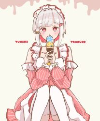 Rule 34 | 1girl, ai scream! (love live!), alternate color, bare shoulders, character name, collarbone, colored inner hair, commentary, cosplay, detached sleeves, multiple scoops, dress, food, hair ornament, hairclip, hashtag-only commentary, highres, holding, holding food, holding ice cream, holding ice cream cone, ice cream, ice cream cone, link! like! love live!, long sleeves, looking at viewer, love live!, love live! superstar!!, multicolored hair, name connection, pinstripe dress, pinstripe pattern, pinstripe sleeves, red dress, red eyes, red hair, roku aya fuyu, short hair, solo, star-shaped pupils, star (symbol), star hair ornament, symbol-shaped pupils, thighhighs, trait connection, wakana shiki, wakana shiki (cosplay), white hair, white thighhighs, yugiri tsuzuri
