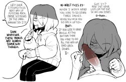 Rule 34 | 2boys, androgynous, blush, candy, clothed sex, controller, dizzyspells, english text, erection, food, game, game controller, hair over one eye, hood, hoodie, imminent fellatio, large penis, lollipop, monochrome, multiple boys, original, penis, rock paper scissors, speech bubble, spot color, sweatdrop, yaoi