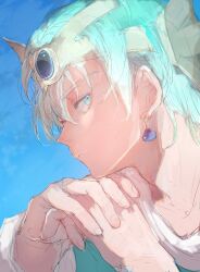 1boy blue_background blue_eyes blue_gemstone circlet dragon_quest dragon_quest_iv earrings fingernails gem gold_circlet green_hair hero_(dq4) highres jewelry kpmdqx light_frown looking_to_the_side male_focus own_hands_together portrait shirt short_hair