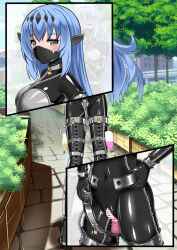 Rule 34 | bdsm, blue hair, bodysuit, catheter, catstudioinc (punepuni), chastity belt, chastity bra, close-up, commission, dildo, dildo reveal, female focus, garden, gloves, grey eyes, highres, latex, latex bodysuit, latex underwear, long fall boots, long hair, looking at viewer, mask, mouth mask, original, sex toy, stealth bondage