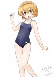 Rule 34 | 1girl, blue one-piece swimsuit, breasts, brown eyes, brown hair, collarbone, commentary request, competition school swimsuit, dated, feet out of frame, highres, idolmaster, idolmaster cinderella girls, idolmaster cinderella girls u149, koga koharu, one-piece swimsuit, plain199, school swimsuit, short hair, signature, simple background, small breasts, smile, solo, standing, swimsuit, white background