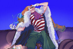 1boy absurdres archived_source blue_background blue_hair buggy_the_clown clown_nose coat facial_hair fur-trimmed_coat fur_trim gloves green_pants green_sash hair_through_headwear hand_on_own_face hat highres laughing male_focus muscular muscular_male neckerchief one_piece orange_hat pants pirate_hat purple_neckerchief red_lips sash shirt short_sleeves solo striped_clothes striped_shirt stubble treasure_chest twintails white_gloves