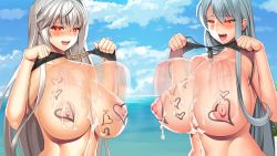 2girls blush bouncing_breasts breasts cleavage cum grey_hair huge_breasts long_hair multiple_girls nipples open_mouth red_eyes smile upper_body yameta_takashi yuki_makoto