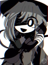 black_eyes black_hat black_sleeves buttons collar colored_skin diamond_button frilled_shirt_collar frilled_sleeves frills grey_collar grey_hair grey_shirt hair_over_eyes hat holding holding_phone komeiji_koishi monochrome open_mouth phone raisutea shaded_face shirt touhou urban_legend_in_limbo white_background white_skin