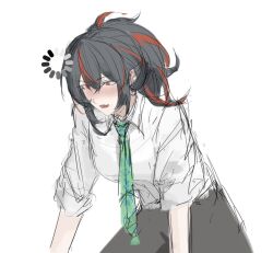 1girl black_hair blush brenn_(idwytl) hair_between_eyes long_hair multicolored_hair open_mouth orange_eyes orange_hair ponytail shirt sidelocks simple_background solo streaked_hair two-tone_hair white_background white_shirt zenless_zone_zero zhu_yuan