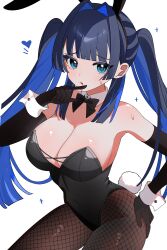 1girl absurdres alternate_costume alternate_hairstyle animal_ear_hairband animal_ears bare_shoulders black_bow black_bowtie black_gloves black_hair black_leotard blue_eyes blue_hair blunt_bangs blunt_ends bow bowtie breasts colored_inner_hair commentary detached_collar elbow_gloves fake_animal_ears fake_tail fishnet_pantyhose fishnets gloves hair_intakes hairband hana20000920 hand_on_own_hip hand_up highres hololive hololive_english large_breasts leotard long_hair looking_at_viewer multicolored_hair ouro_kronii pantyhose playboy_bunny rabbit_ear_hairband rabbit_ears rabbit_tail revision sidelocks simple_background solo strapless strapless_leotard symbol-only_commentary tail virtual_youtuber white_background wrist_cuffs