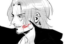 Rule 34 | 1boy, adam&#039;s apple, beard, commentary, connected beard, facial hair, greyscale, high collar, highres, lipstick mark, male focus, monochrome, one piece, parted lips, scar, scar across eye, scar on face, shanks (one piece), short hair, simple background, solo, spot color, symbol-only commentary, vamos mk, white background