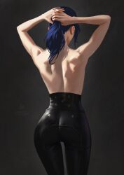 1girl adjusting_hair arcane:_league_of_legends ass black_pants blue_hair brown_background caitlyn_(league_of_legends) cowboy_shot fei_hai from_behind gradient_background highres league_of_legends long_hair pants solo topless_female