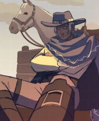 Rule 34 | 1boy, absurdres, boots, brown theme, catovyen, classicaloid, commentary, cowboy hat, cowboy western, crossed arms, english commentary, foreshortening, grey hair, hat, hat belt, highres, horse, johann sebastian bach (classicaloid), looking ahead, male focus, mature male, shawl, signature, sitting, solo, toothpick