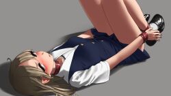Rule 34 | 1girl, ahoge, blazer, blonde hair, blush, collar, collarbone, cuffs, dochi (dosa dosa dosa), grey eyes, handcuffs, highres, jacket, loafers, long hair, looking at viewer, lying, on back, open mouth, original, restrained, shackles, shoes, socks, solo, white socks