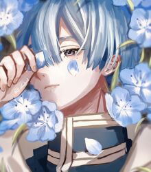 1boy bai_mei blue_eyes blue_flower blue_hair blue_shirt cape closed_mouth eyelashes falling_petals flower hair_between_eyes highres himmel_(sousou_no_frieren) holding holding_petal male_focus one_eye_covered petals shirt short_hair solo sousou_no_frieren upper_body white_cape