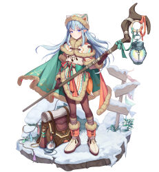 Rule 34 | 1girl, absurdres, blue eyes, blue hair, boots, brown bag, brown gloves, cape, closed mouth, commentary request, compass, full body, fur-trimmed boots, fur trim, gloves, green cape, highres, holding, holding staff, lantern, long hair, looking ahead, looking at viewer, milkomeda, original, pointy ears, simple background, snow, solo, staff, standing, white background