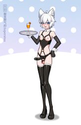 1boy :d ahoge ambiguous_orange_liquid animal_ears artist_name belt_buckle black_boots black_gloves black_thighhighs blue_background blue_eyes blue_pupils blush bob_cut bondage_outfit boots buckle chastity_cage chastity_cage_strap chinese_commentary commentary_request cup dildo drink drinking_glass elbow_gloves eyebrows_visible_through_hat eyelashes fang food fruit full-face_blush full_body gloves gradient_background hair_between_eyes hand_on_own_hip happy harness high_heel_boots high_heels highres holding holding_tray latex latex_gloves latex_thigh_boots light_smile looking_at_viewer nipple_piercing nose o-ring o-ring_harness open_mouth orange_(fruit) orange_slice original piercing polka_dot polka_dot_background purple_background revealing_chastity_cage revealing_clothes sex_toy shadow shengshouqlw short_hair skindentation skinny small_chastity_cage smile solo standing strap-on testicles thighhighs topless_male trap tray underbust white_background white_hair white_polka_dots wolf_ears wrist_cuffs