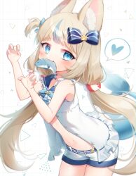 1girl absurdres animal_ear_fluff animal_ears blonde_hair blue_bow blue_sailor_collar bow cat_ears cat_girl claw_pose fins fish_in_mouth fish_tail hair_bow highres indie_virtual_youtuber looking_at_viewer lovelykirby_125 navel one_side_up open_clothes open_shirt sailor_collar sameko_saba shark_girl shark_tail shirt short_shorts shorts solo stomach tail virtual_youtuber white_shirt white_shorts