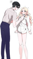 1boy 1girl ? adjusting_another&#039;s_clothes bare_legs black-framed_eyewear black_hair blonde_hair blue_pants blush commentary_request gakuen_idolmaster glasses highres idolmaster jacket juo_sena kasasagi_(futagodori888) multicolored_hair pants pink_hair producer_(idolmaster) shirt streaked_hair two-tone_hair white_jacket white_shirt zipping