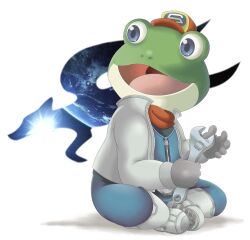 1boy blue_eyes frog frog_boy gloves green_eyes happy hat holding holding_wrench jacket kamezdov male_focus nintendo open_mouth scouter slippy_toad smile solo star_fox wrench
