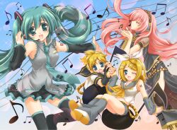 1boy 2000s_(style) 3girls between_breasts black_boots black_skirt black_sleeves black_thighhighs blonde_hair blue_eyes blue_hair blue_necktie blush boots bow breasts collared_shirt commentary_request detached_sleeves full_body grey_shirt grey_socks hair_bow hair_ornament hairclip hatsune_miku headphones headset holding_hands kagamine_len kagamine_rin long_hair long_sleeves looking_at_viewer medium_breasts megurine_luka miniskirt multiple_girls music musical_note musical_staff necktie necktie_between_breasts number_tattoo one_eye_closed open_mouth pink_hair pleated_skirt shirt short_hair shoulder_tattoo side_slit singing skirt sleeveless sleeveless_shirt smile socks swept_bangs tattoo thigh_boots thighhighs twintails very_long_hair vocaloid white_bow white_shirt yano_yoshinori