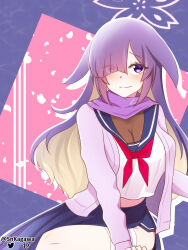 1girl :o absurdres animal_ears arms_under_breasts badge black_hair blonde_hair blue_archive blue_skirt blush bodystocking breasts button_badge cardigan cleavage colored_inner_hair crop_top cropped_legs floppy_ears floral_print hair_over_one_eye halo highres large_breasts long_hair long_sleeves looking_at_viewer midriff multicolored_hair navel neckerchief one_eye_covered open_cardigan open_clothes own_hands_together pleated_skirt purple_cardigan purple_eyes purple_scarf rabbit_ears rabbit_pin red_neckerchief scarf school_uniform see-through_clothes see-through_cleavage serafuku side_slit simple_background skirt snkagawa solo thick_thighs thighs tsukuyo_(blue_archive) two-tone_hair undershirt very_long_hair