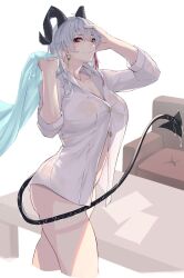 1girl black_horns black_tail bottomless breasts closed_mouth collarbone commentary_request curled_horns demon_tail earrings hand_on_own_head highres holding holding_towel horns jewelry key_earrings kiraboshi_(kiraboshi-1025) large_breasts long_hair looking_at_viewer multicolored_hair navel red_eyes shirt smile solo stomach streaked_hair tail towel wet wet_clothes wet_shirt wet_tail white_shirt wuthering_waves zani_(wuthering_waves)