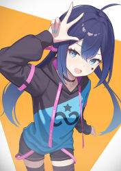 1girl absurdres afe. black_shorts black_thighhighs blue_eyes blue_hair commission cowboy_shot highres indie_virtual_youtuber long_hair mugen_mochi open_mouth pixiv_commission shorts smile solo star_tattoo sweater tattoo thighhighs virtual_youtuber w