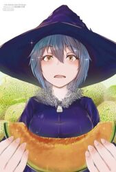 1girl blue_hair blush drooling fiona_soleil food fruit hands_up hat jacket kuro_no_maou looking_at_viewer melon open_mouth purple_jacket simple_background solo white_background witch_hat yellow_eyes