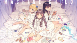 black_hair blonde_hair blue_eyes bobby_socks breasts character_request choker commentary_request cordelia_(machine_child) dress expressionless flat_chest florine_(machine_child) full_body green_eyes grey_hair highres key_visual looking_at_viewer machine_child official_art ooyari_ashito pillow promotional_art purple_eyes sailor_dress sitting small_breasts smile socks stuffed_animal stuffed_rabbit stuffed_toy teddy_bear twintails white_dress white_socks
