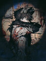 1boy animal_ears arm_behind_head black_gloves blood blood_on_clothes blood_on_face blood_on_wall blood_splatter buckle coat covering_face elbow_gloves from_side furry furry_male gloves grey_eyes hair_between_eyes highres low_ponytail luli_(crocowolf333) medium_hair original paper ponytail spotlight strap white_coat