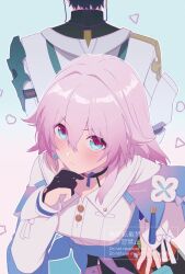 1boy 1girl ? black_choker blue_eyes blue_jacket blush breasts buttons choker closed_mouth commentary dan_heng_(honkai:_star_rail) dan_heng_(hunt)_(honkai:_star_rail) flower_ornament gradient_clothes gradient_jacket hand_on_own_cheek hand_on_own_face honkai:_star_rail honkai_(series) jacket long_sleeves march_7th_(honkai:_star_rail) march_7th_(preservation)_(honkai:_star_rail) medium_breasts medium_hair multicolored_eyes off-shoulder_jacket off_shoulder pink_eyes pink_hair pink_jacket shirt sketch symbol-only_commentary two-tone_eyes umoumohl underbust watermark white_shirt