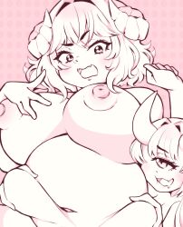 Rule 34 | 2025, 2girls, belly, breasts, cecihime, cecilia rosenkreutz, eira woolcot, fang, greyscale, highres, horn, horns, indie virtual youtuber, large breasts, monochrome, multiple girls, one-eyed, open mouth, plump, saliva, self-portrait, sexual harassment, yuri
