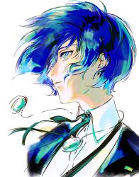 1boy blue_eyes blue_hair closed_mouth collared_shirt floating_hair from_side gekkoukan_high_school_uniform gggggbyjokie hair_behind_ear headphones headphones_around_neck highres jacket looking_ahead male_focus open_clothes open_jacket parted_lips persona persona_3 profile school_uniform shirt short_hair simple_background solo suit_jacket upper_body white_background white_shirt wing_collar yuuki_makoto_(persona_3)
