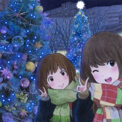 2girls black_hair blush brown_eyes brown_hair building christmas christmas_lights christmas_ornaments christmas_tree green_scarf head_tilt highres jacket looking_at_viewer multicolored_scarf multiple_girls night one_eye_closed open_mouth original outdoors scarf smile star_(symbol) teeth traditional_media upper_teeth_only v yuukitokuda