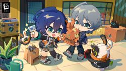 Rule 34 | 1boy, 1girl, ahoge, artist request, bag, bangboo (zenless zone zero), belle (zenless zone zero), black cat, black pants, black shirt, black thighhighs, blue hair, box, brother and sister, cardboard box, cat, chibi, commentary, crossed bangs, english commentary, green eyes, grey hair, hair between eyes, hair ornament, highres, jacket, letter hair ornament, long sleeves, official art, open mouth, pants, polaroid camera, polaroid photo, shirt, shopping bag, short hair, siblings, single thighhigh, thighhighs, wise (zenless zone zero), zenless zone zero
