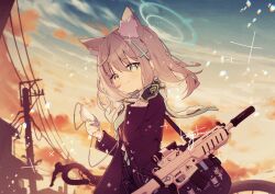animal_ear_fluff animal_ears aqua_scarf artist_name assault_rifle blue_archive blue_coat blue_eyes blue_halo blush closed_mouth coat comiket_104 commentary_request cross_hair_ornament digital_media_player earphones evening extra_ears gradient_sky grey_hair gun hair_ornament halo holding holding_earphones kasuga_haruhi light_particles long_sleeves looking_at_viewer mismatched_pupils multicolored_sky orange_sky outdoors rifle scarf school_uniform shiroko_(blue_archive) short_hair sig_sauer_556 sky smile upper_body weapon wolf_ears wolf_girl