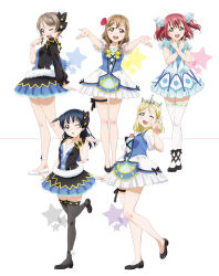 5girls aqua_eyes artbook bare_legs black_feathers black_thighhighs blonde_hair blue_eyes blue_hair blush brown_hair feathers flower full_body grey_hair hair_bun hair_ornament high_heels highres idolmaster kunikida_hanamaru kurosawa_ruby leg_ribbon long_hair looking_at_viewer love_live! love_live!_sunshine!! multiple_girls non-web_source official_alternate_costume official_art ohara_mari one_eye_closed open_mouth pointing red_eyes red_hair ribbon short_hair single_side_bun skirt smile standing star_(symbol) thighhighs tiara tsushima_yoshiko watanabe_you water_blue_new_world white_thighhighs yellow_eyes zettai_ryouiki