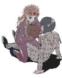 2boys black_hair black_shoes blonde_hair blunt_bangs bob_cut bouquet braid braided_ponytail bruno_bucciarati flower giorno_giovanna grey_eyes hair_ornament highres holding holding_bouquet jacket jojo_no_kimyou_na_bouken male_focus medium_hair multiple_boys pants pink_jacket pink_pants rose shoes short_hair simple_background sitting sitting_on_lap sitting_on_person tami_tome_mo vento_aureo victory_rolls white_background white_jacket white_pants yaoi zipper